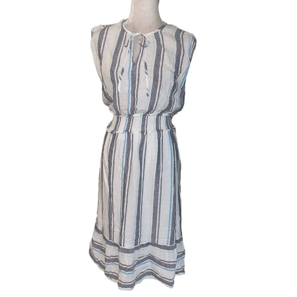 Rails Ashlyn Aegean Blue & White Striped Linen Blend Tie Neck Midi Dress - XS - Picture 6 of 16